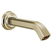 Polished nickel shower arm with curved spout and circular wall flange.