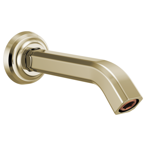 Polished nickel shower arm with curved spout and circular wall flange.