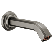Luxe steel shower arm with circular flange and angled outlet, featuring brushed metallic finish.