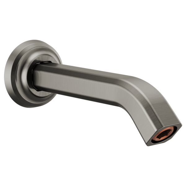 Luxe steel shower arm with circular flange and angled outlet, featuring brushed metallic finish.