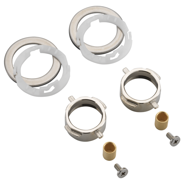 Chrome and white mounting hardware components including two large rings, two smaller metal rings, two brass inserts, and two 