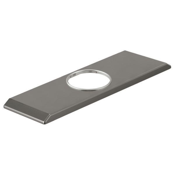 Black stainless steel rectangular escutcheon plate with circular opening and chrome ring trim.