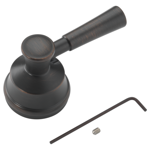 Venetian bronze faucet handle kit with round knob, cylindrical lever, mounting base, and hardware components.