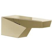 Polished nickel tub spout with diverter lever and angular geometric design.