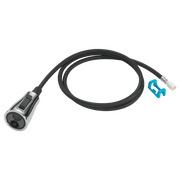 Chrome handheld showerhead with black braided hose and connector attachment.