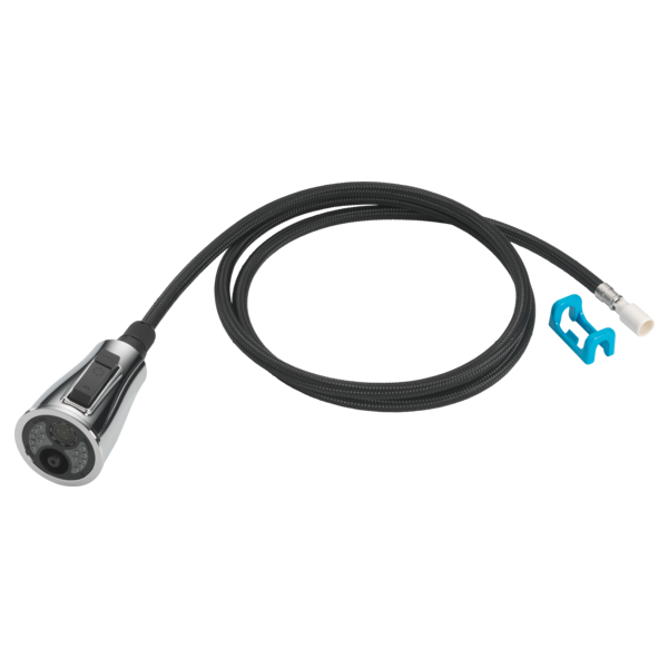 Chrome handheld showerhead with black braided hose and connector attachment.