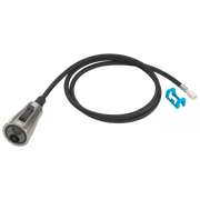 Stainless steel wand assembly with black braided hose, spray head controls, and blue clip connector.