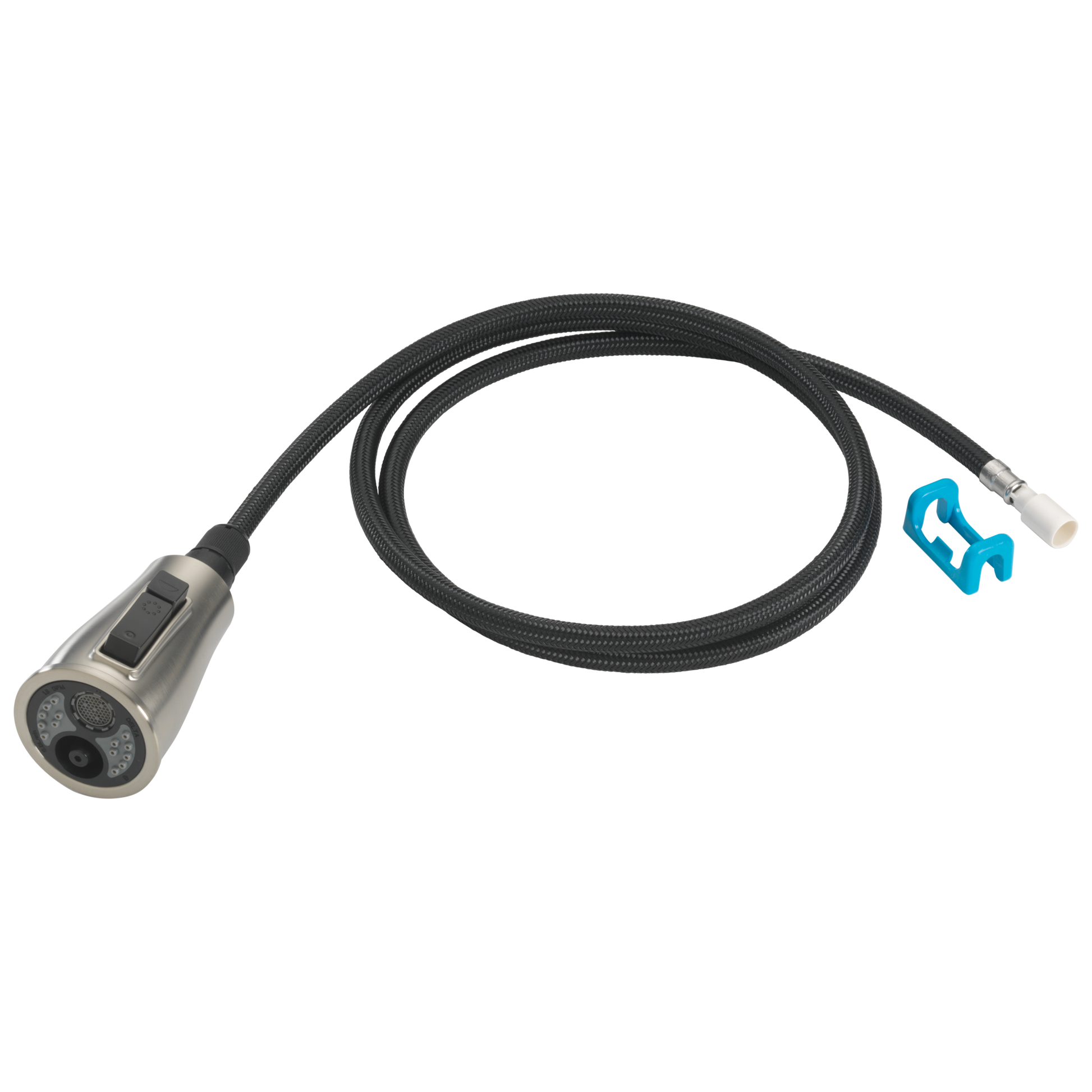 Stainless steel wand assembly with black braided hose, spray head controls, and blue clip connector.