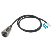 Stainless steel handheld showerhead wand with black braided hose and blue connector clip.