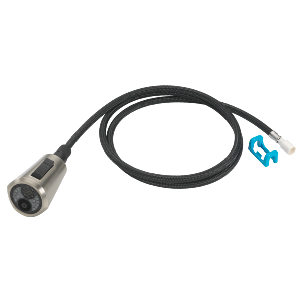 Stainless steel handheld showerhead wand with black braided hose and blue connector clip.