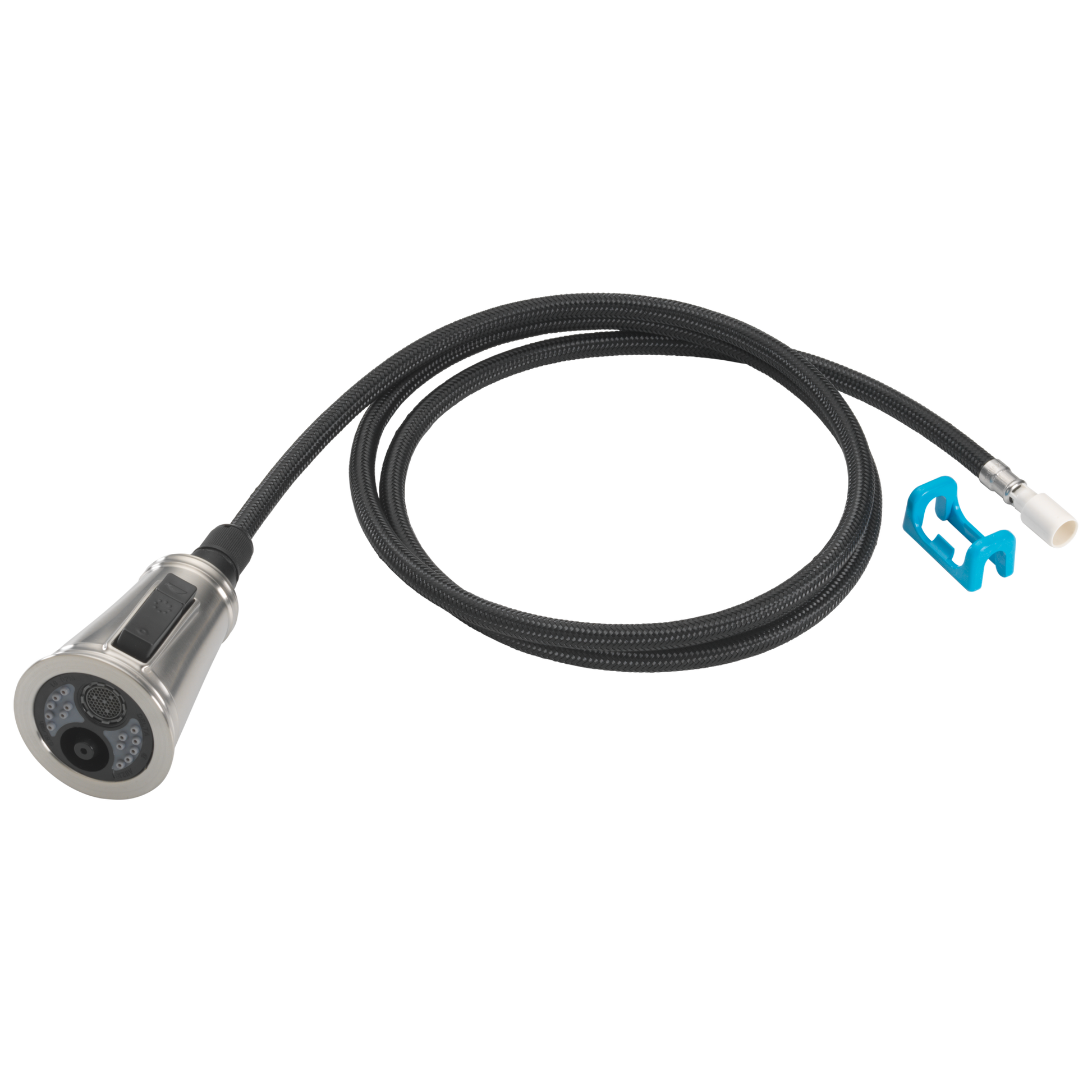 Stainless steel wand assembly with black braided hose, spray head with multiple jets, and blue connector clip.