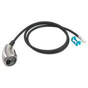 Stainless steel shower wand assembly with black braided hose and blue connector fitting.
