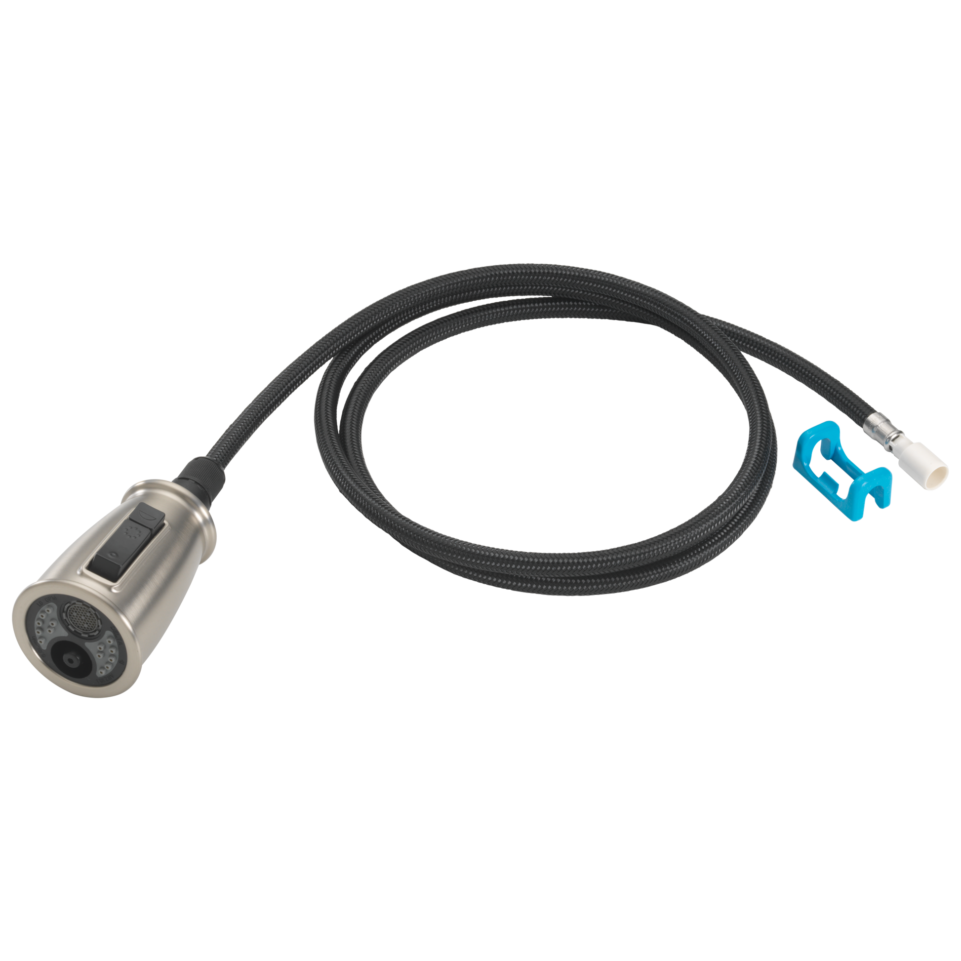 Stainless steel faucet spray wand with black braided hose and blue connector clip.