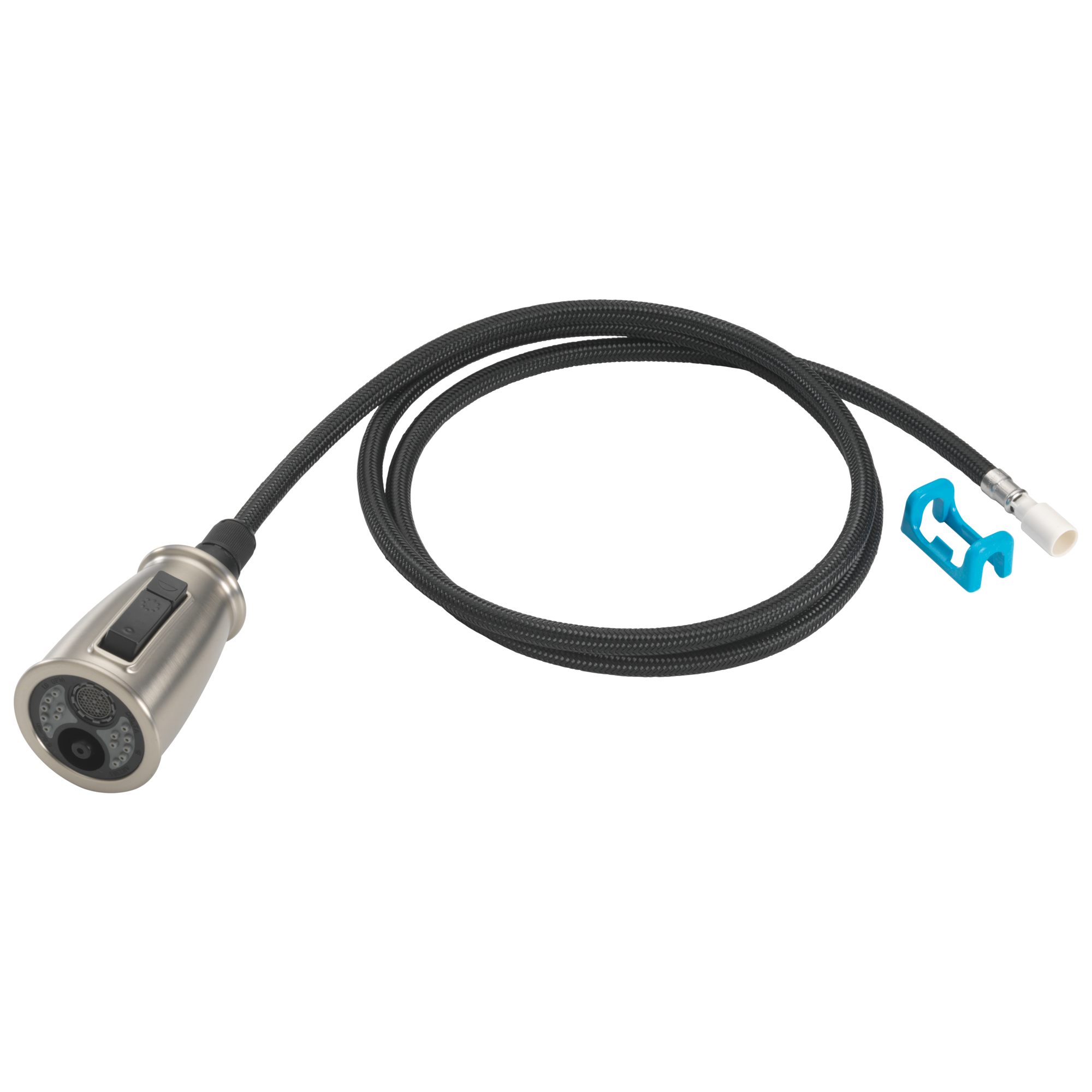 Stainless steel faucet spray wand with black braided hose and blue connector clip.