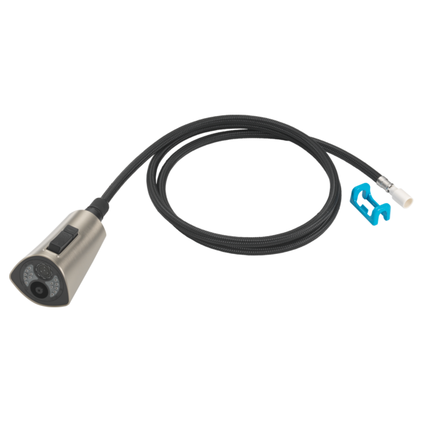 Stainless steel wand assembly with black braided hose, control button, and connector fitting.