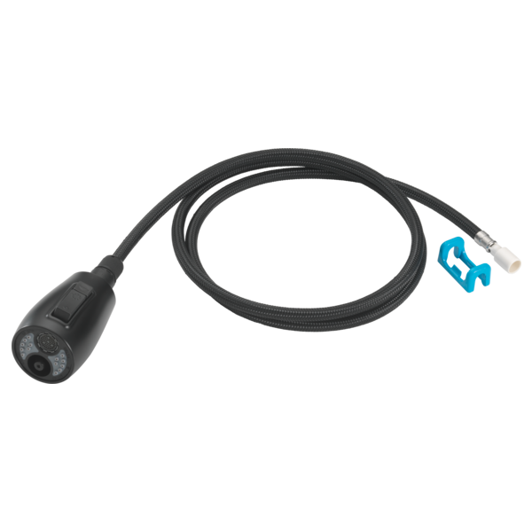 Matte black wand assembly with braided hose, trigger handle, and connector with blue clip.