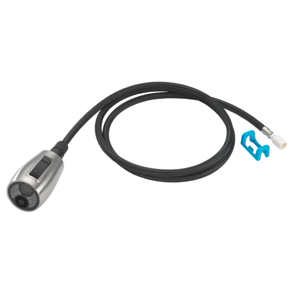Stainless steel and black wand assembly with braided hose, control button, and connector attachment.