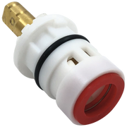 White plastic faucet cartridge with red handle insert and brass inlet connector on top.