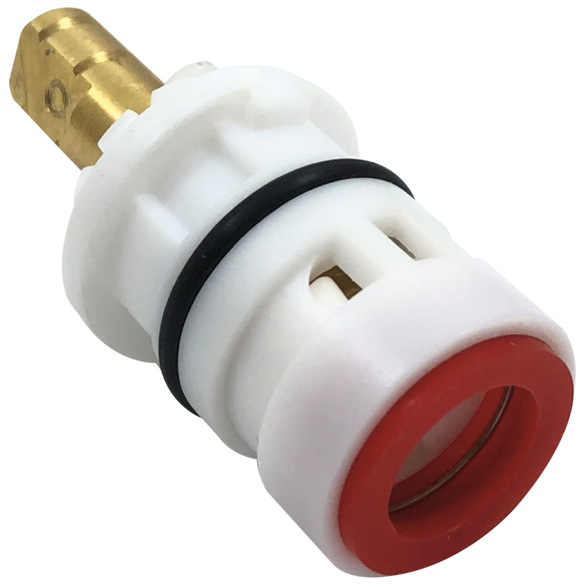 White plastic faucet cartridge with red handle insert and brass inlet connector on top.