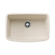 Soft white single bowl undermount sink with rounded edges and chrome drain fixture, viewed from above.