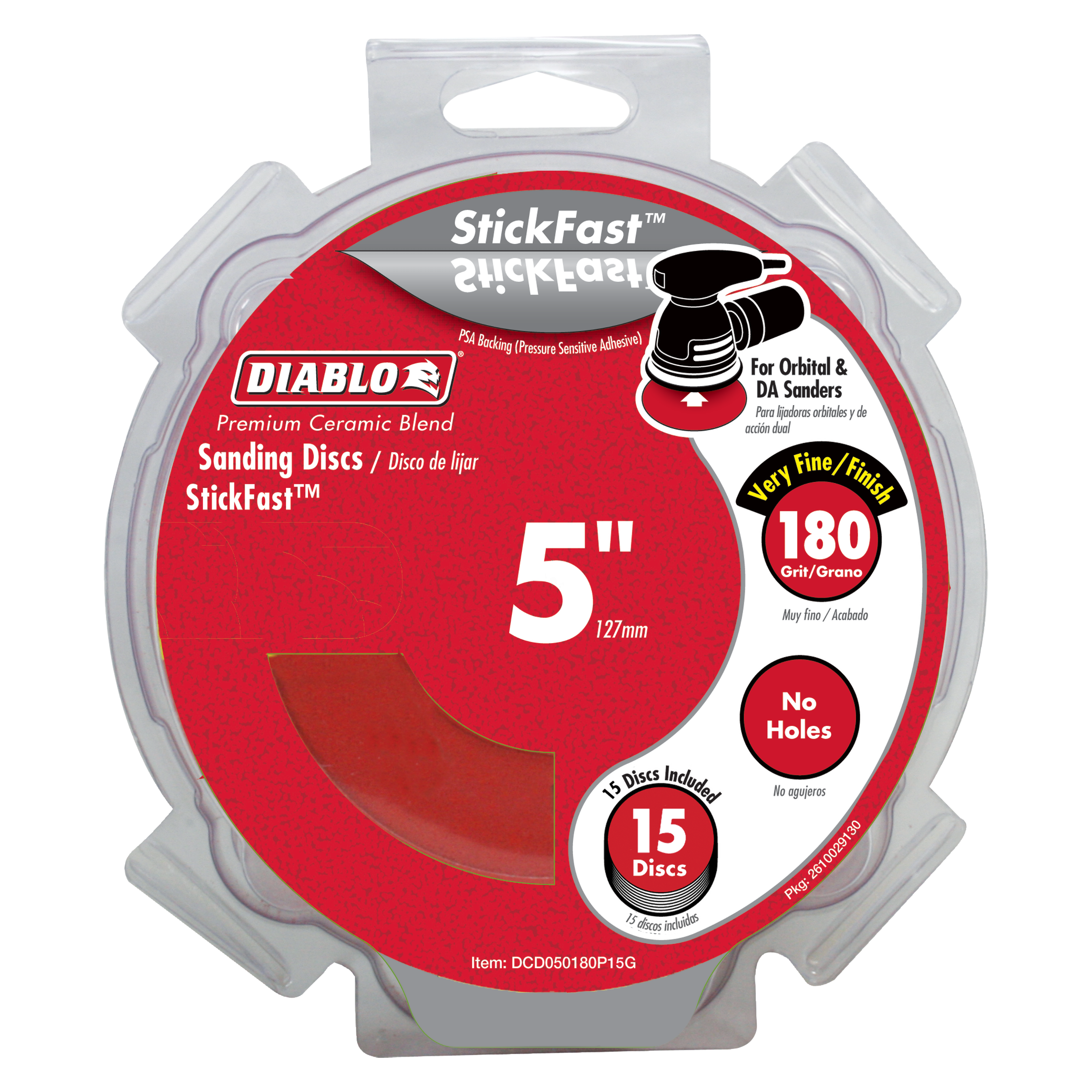 Diablo 5-inch, 180-grit sanding discs in clear plastic clamshell package showing red label with product details.