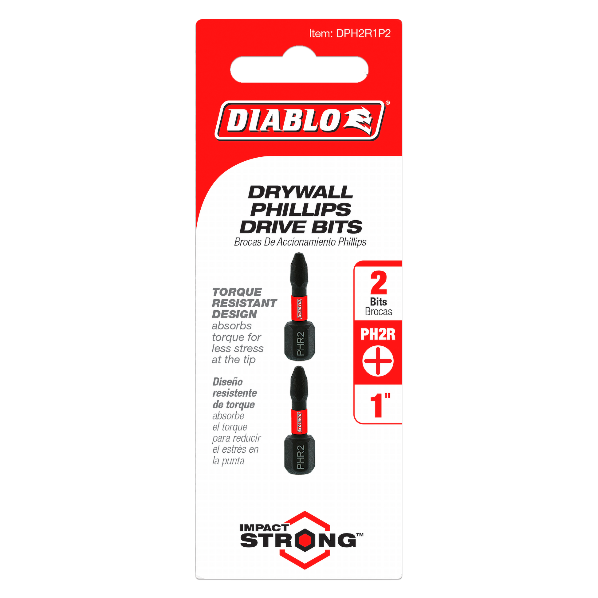 Two 1-inch #2 Phillips drive bits with black hex shanks and red accents on red and white packaging.