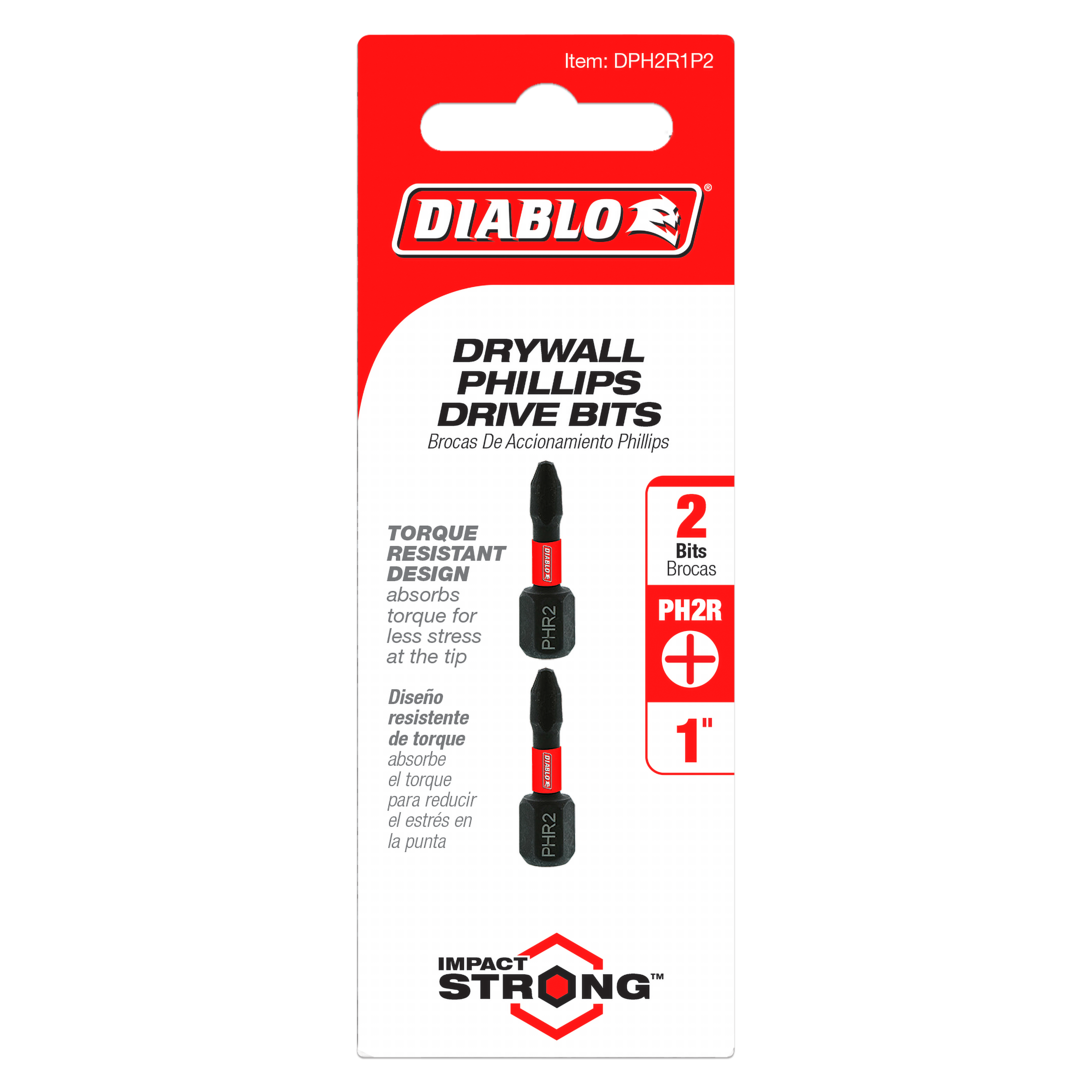 Two 1-inch #2 Phillips drive bits with black hex shanks and red accents on red and white packaging.