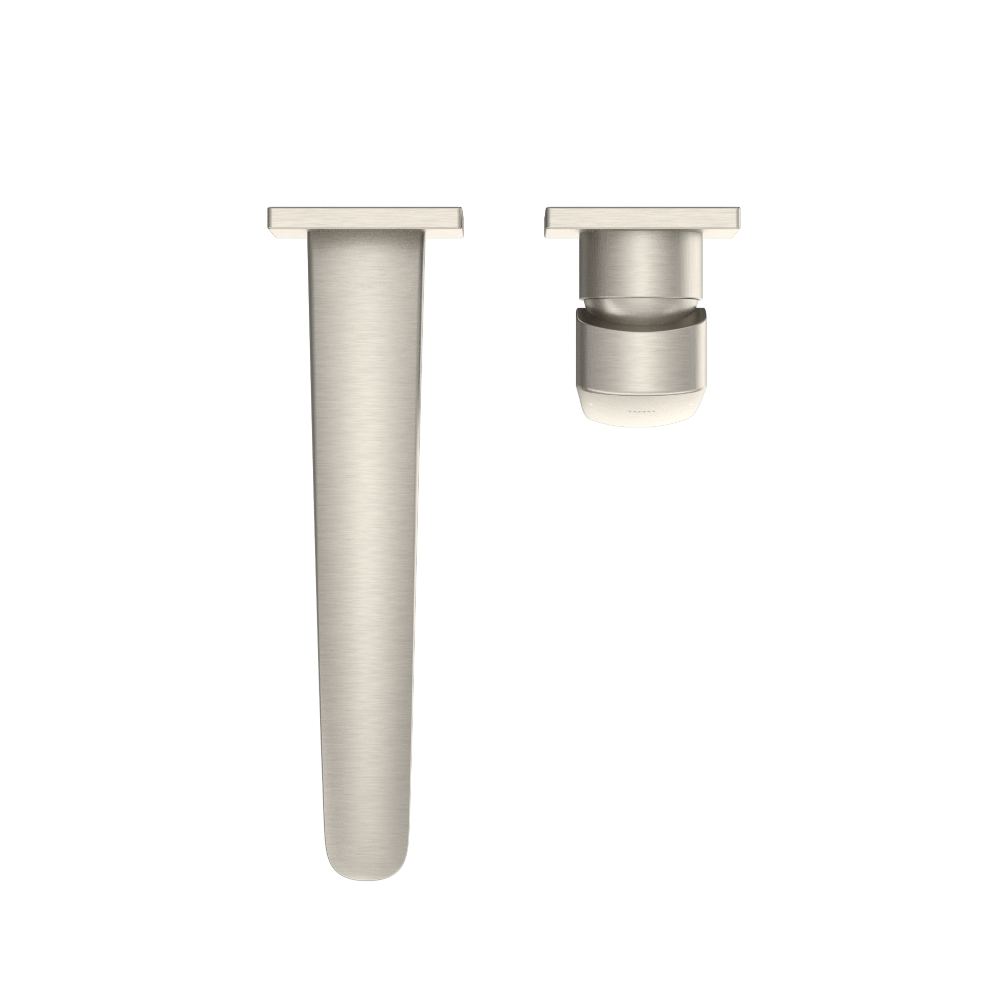 Brushed nickel wall-mount bathroom faucet with single handle and long spout in open and closed positions.
