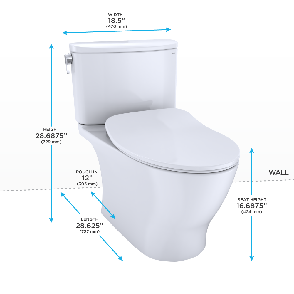 White two-piece elongated toilet with soft-close seat, 18.5" width, 28.6875" height, 12" rough-in.