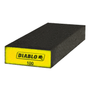 Black and gray rectangular sanding sponge with yellow label marked "DIABLO 100" on one end.