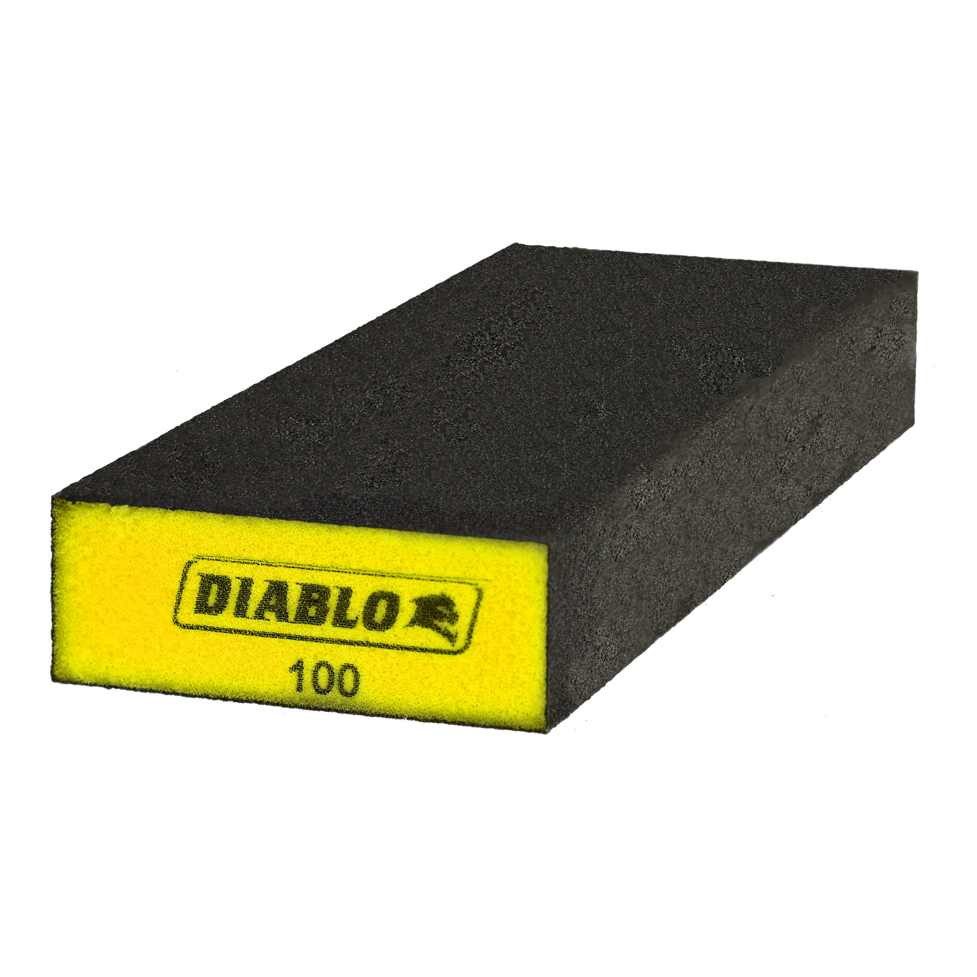 Black and gray rectangular sanding sponge with yellow label marked "DIABLO 100" on one end.