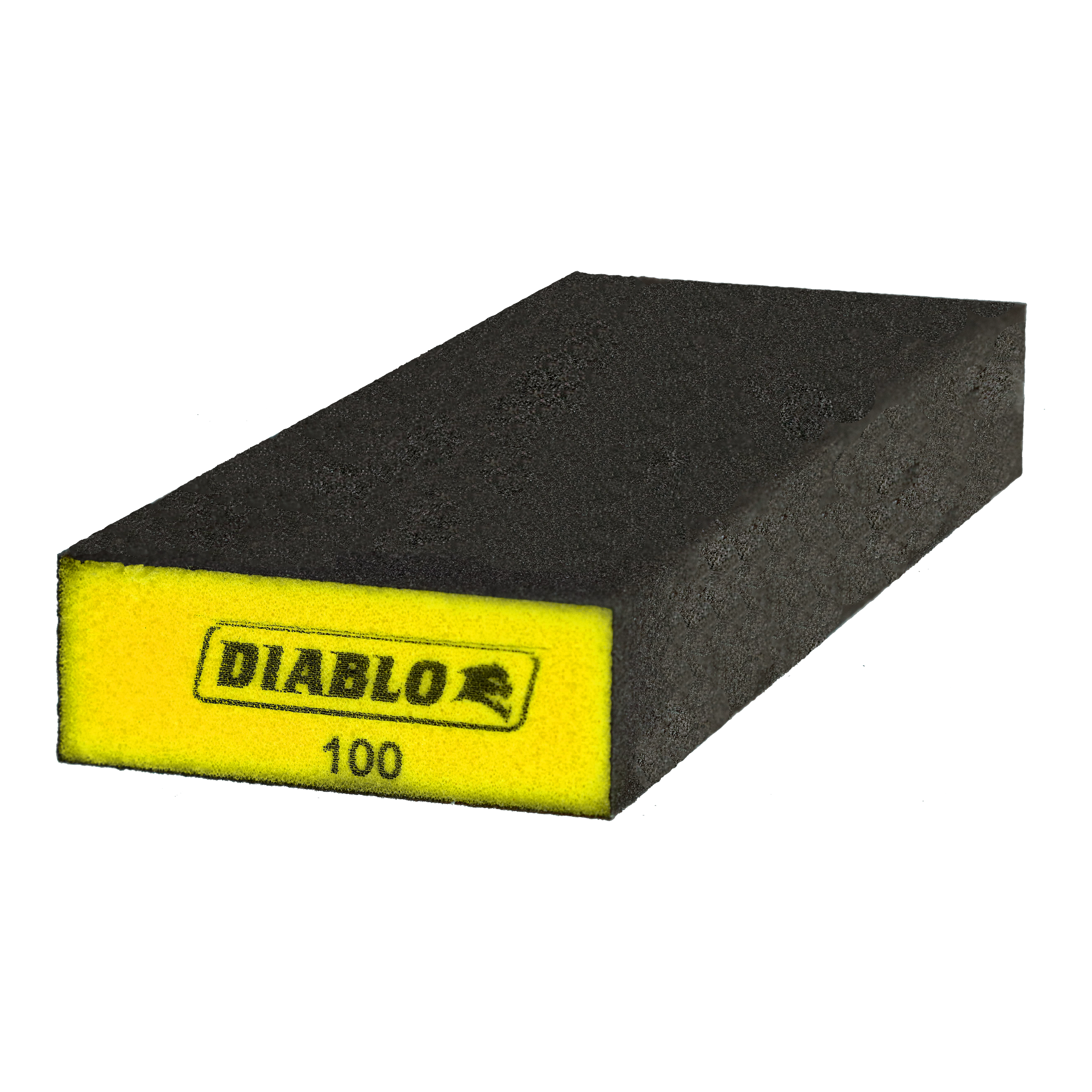 Black and gray rectangular sanding sponge with yellow label marked "DIABLO 100" on one end.