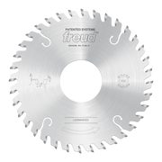 Freud circular saw blade with conical scoring teeth, center hole, and model number LI25M43KE3 marked on silver metal face.