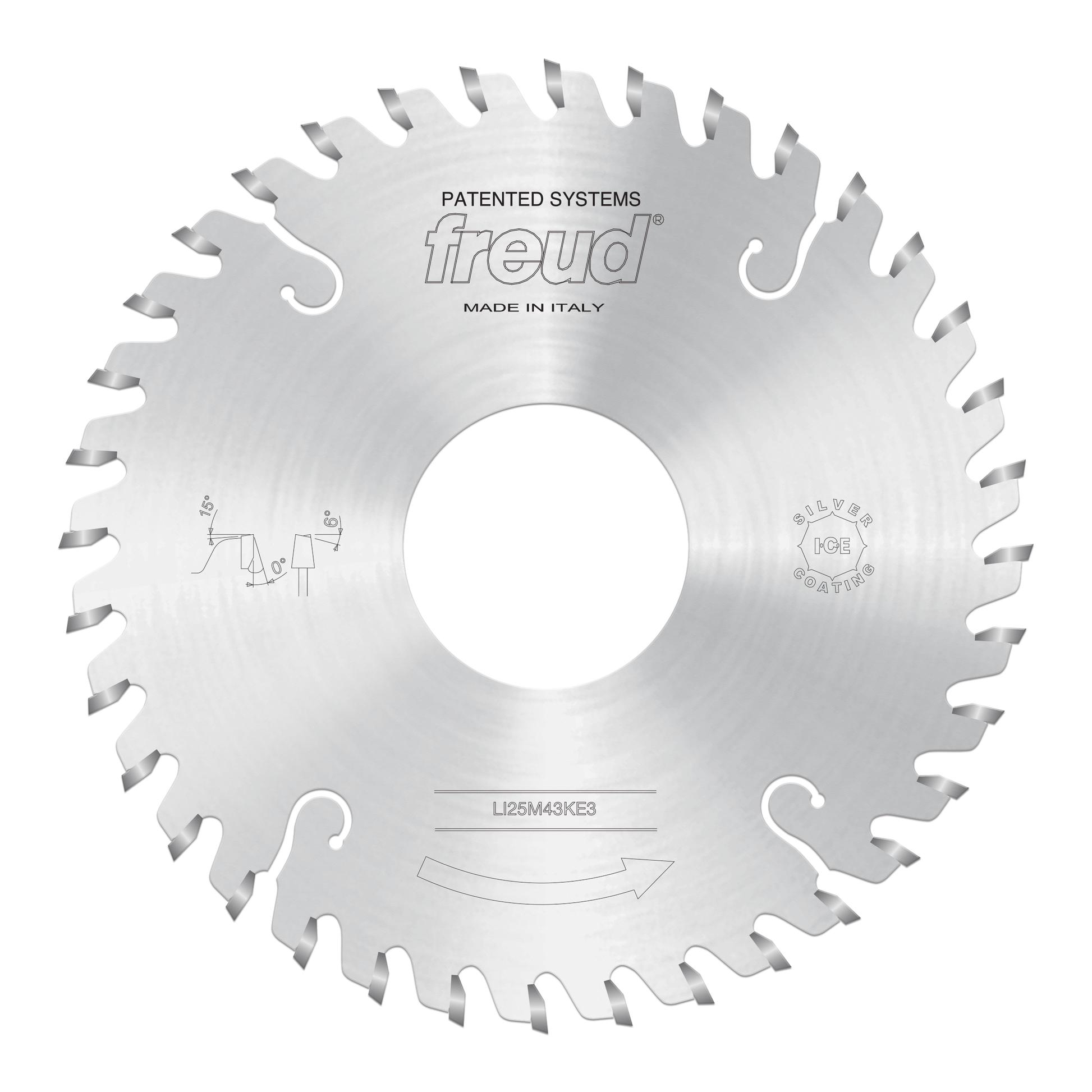 Freud circular saw blade with conical scoring teeth, center hole, and model number LI25M43KE3 marked on silver metal face.