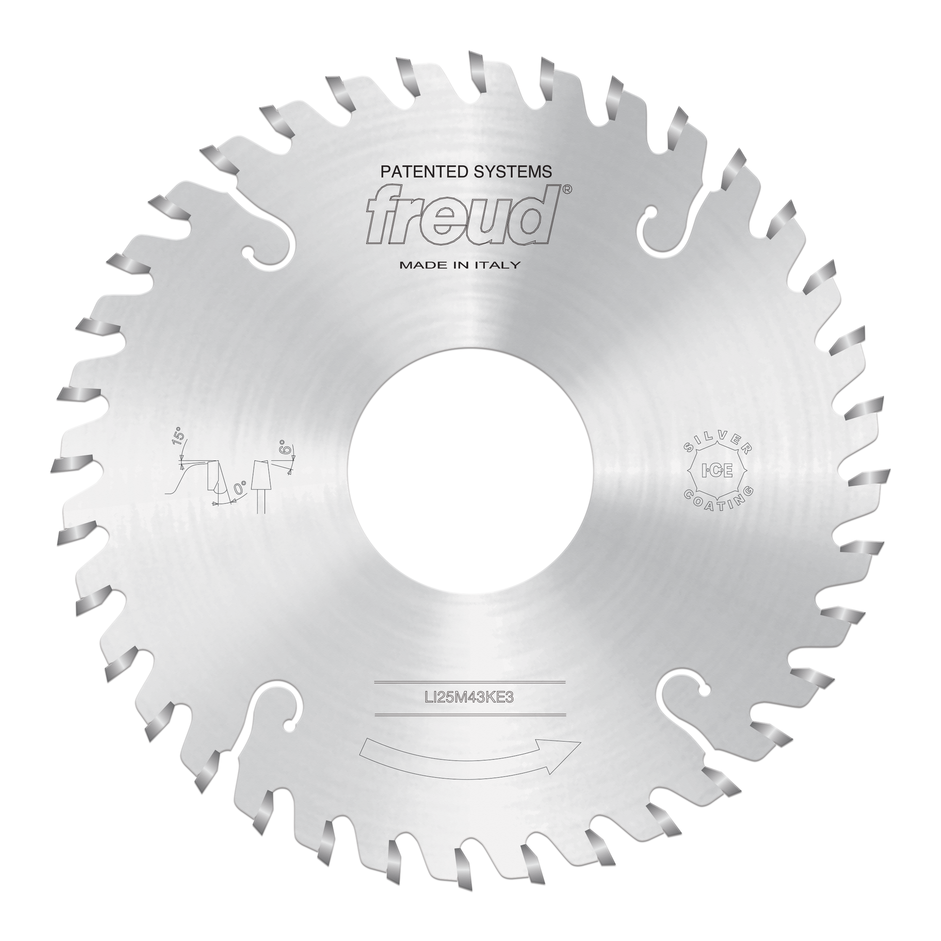Freud circular saw blade with conical scoring teeth, center hole, and model number LI25M43KE3 marked on silver metal face.