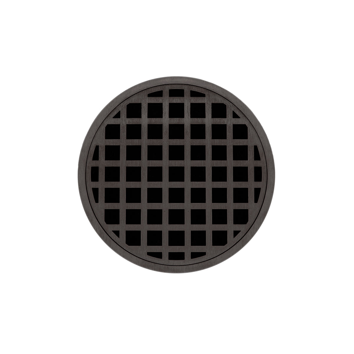 Round oil rubbed bronze drain cover with grid pattern openings, 5 inches diameter.