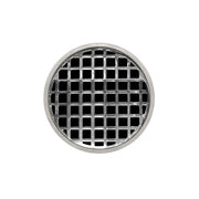 Polished stainless steel round drain cover with square grid pattern openings.