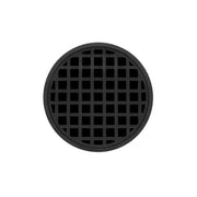 Matte black round drain cover with grid pattern openings, 5 inches in diameter.