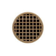 Round satin bronze drain grate with grid pattern cutouts.
