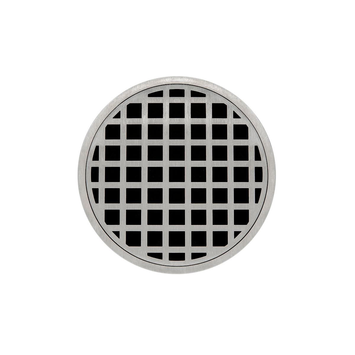 Round satin stainless steel drain cover with square grid pattern and center drain opening.
