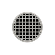 Round satin stainless steel drain cover with square grid pattern and center drain opening.