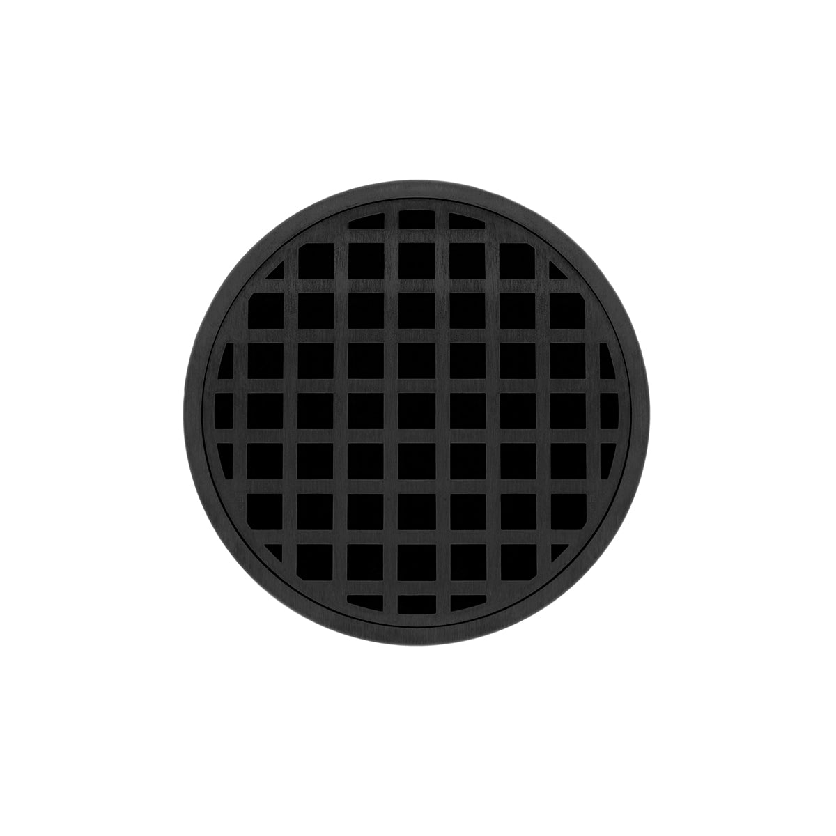 Matte black round drain cover with grid pattern, 5 inches diameter.