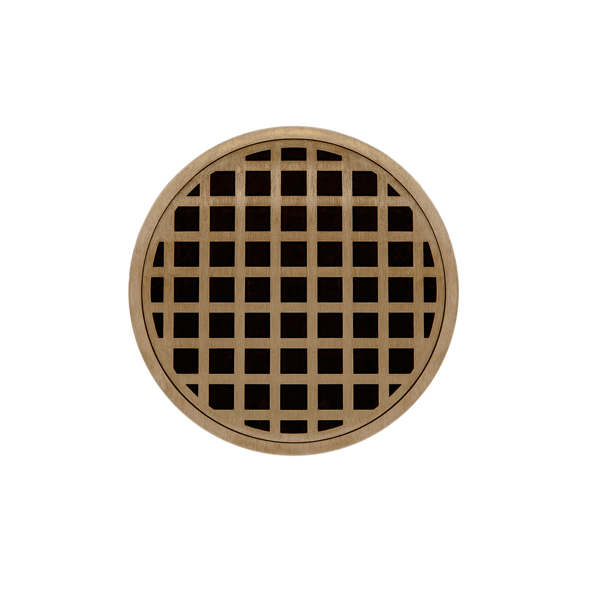 Round satin bronze drain cover with grid pattern cutouts, center drain opening.