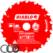 Red circular saw blade with 18 carbide teeth and 20mm arbor hole, labeled Diablo Fast Framing.