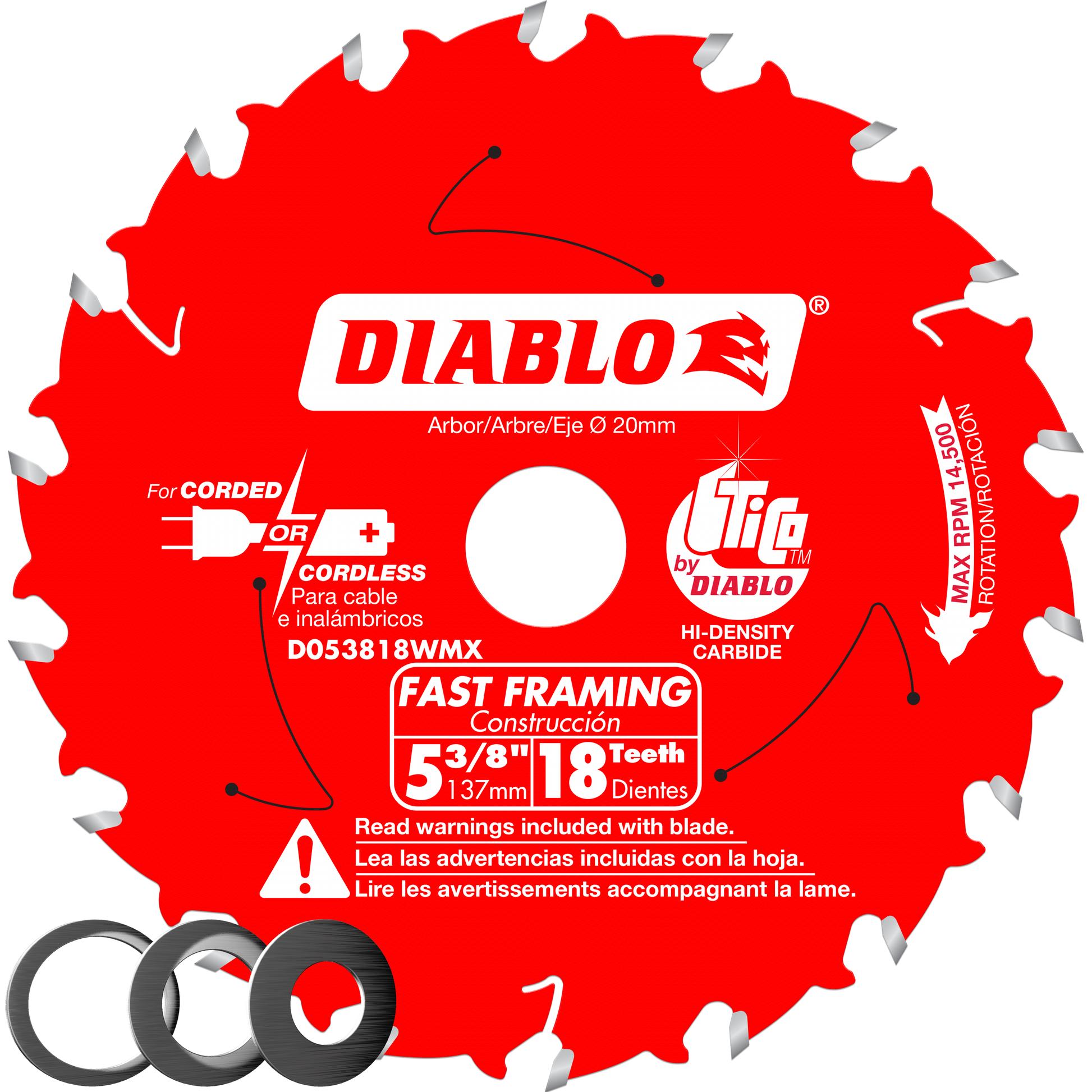 Red circular saw blade with 18 carbide teeth and 20mm arbor hole, labeled Diablo Fast Framing.