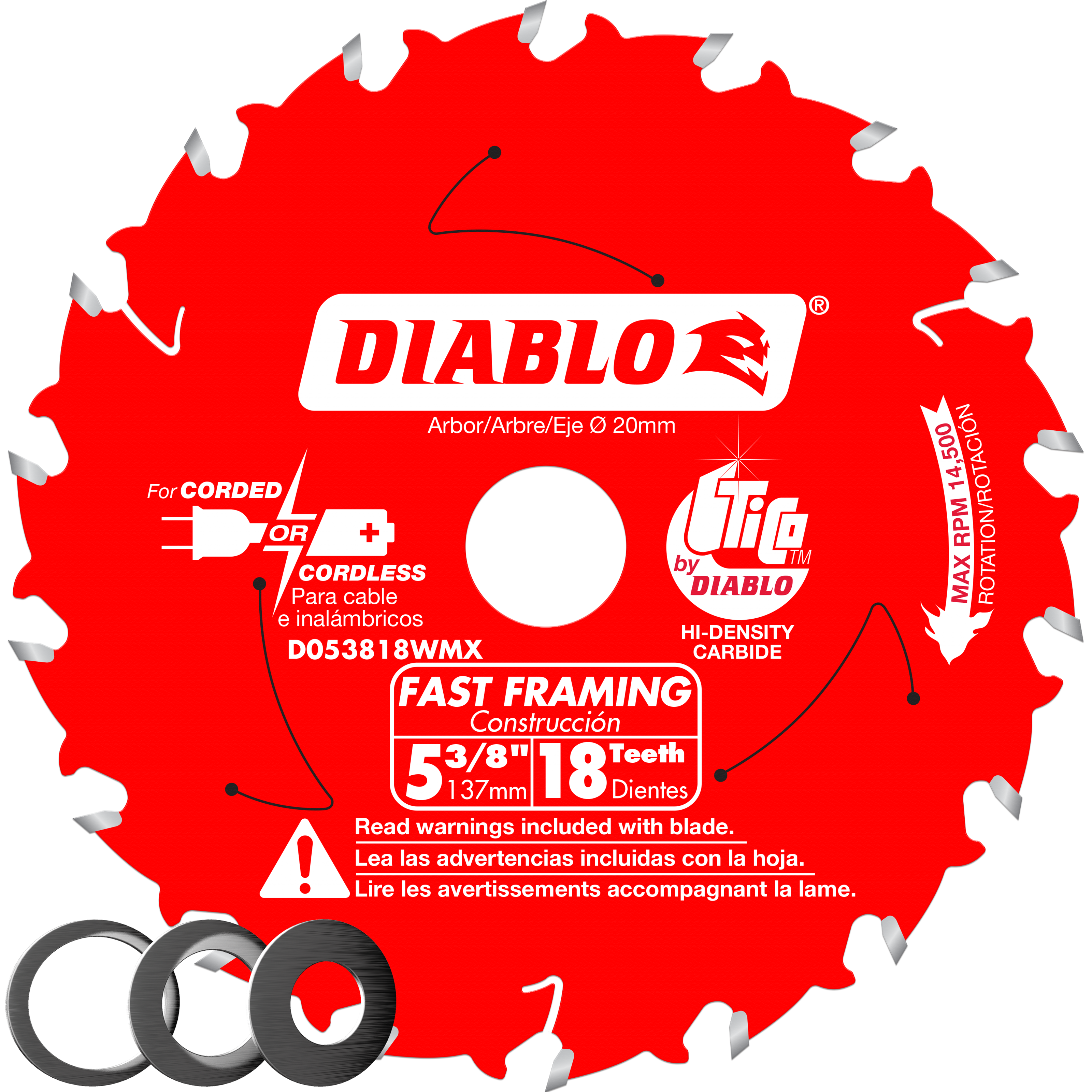 Red circular saw blade with 18 carbide teeth and 20mm arbor hole, labeled Diablo Fast Framing.