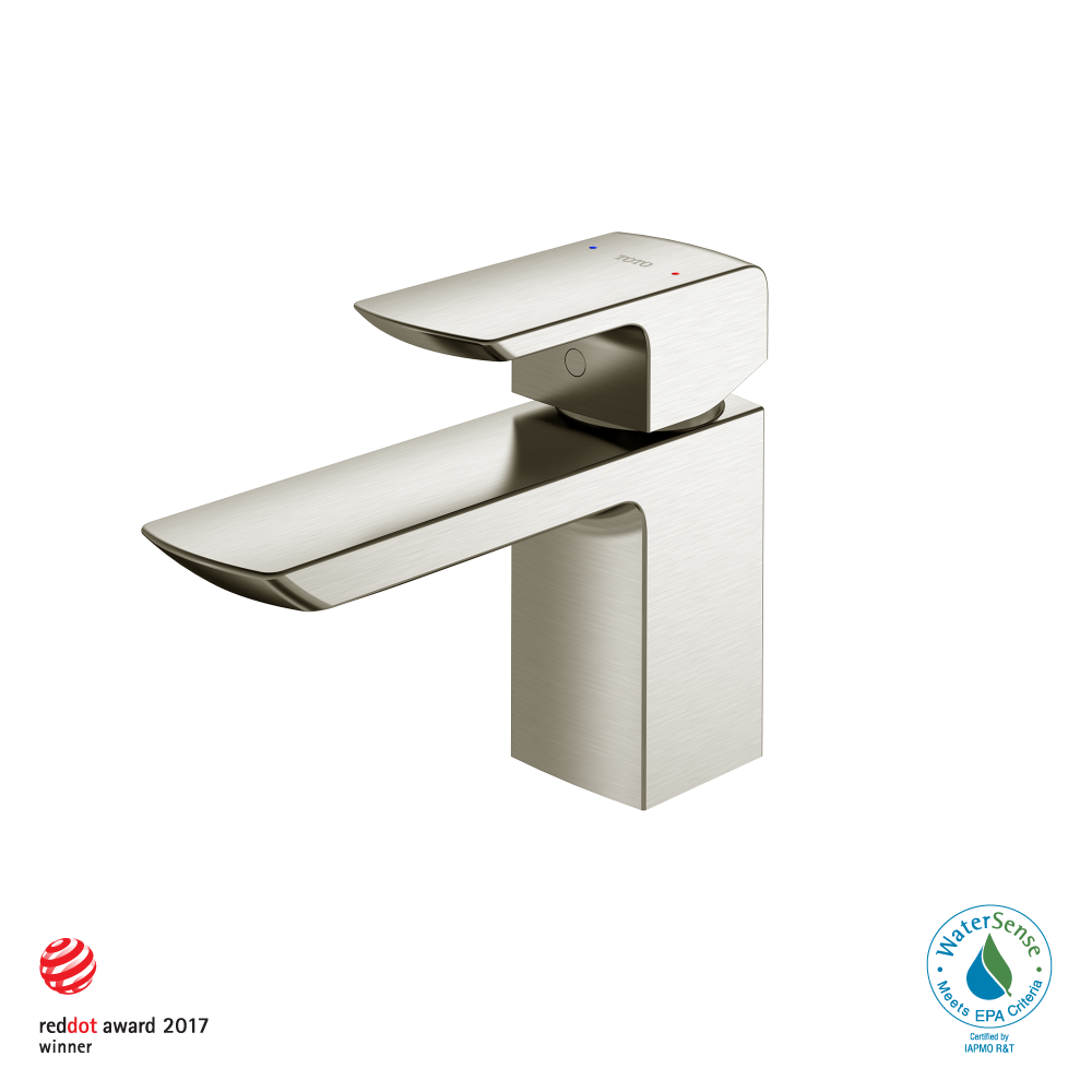 Brushed nickel single-handle bathroom sink faucet with curved spout and rectangular body.
