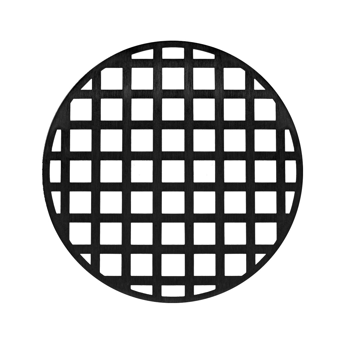 Round matte black drain cover with grid pattern and center opening.