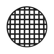 Round matte black drain cover with grid pattern and center opening.