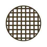 Round oil rubbed bronze drain cover with grid pattern cutouts, 5 inches diameter.